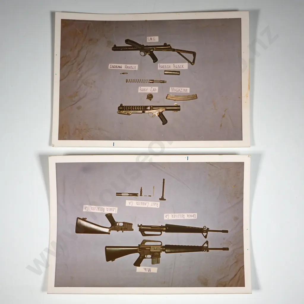 Two Photographs Of Dismantled Stirling Machine Gun & M16 Rifle Image 1++