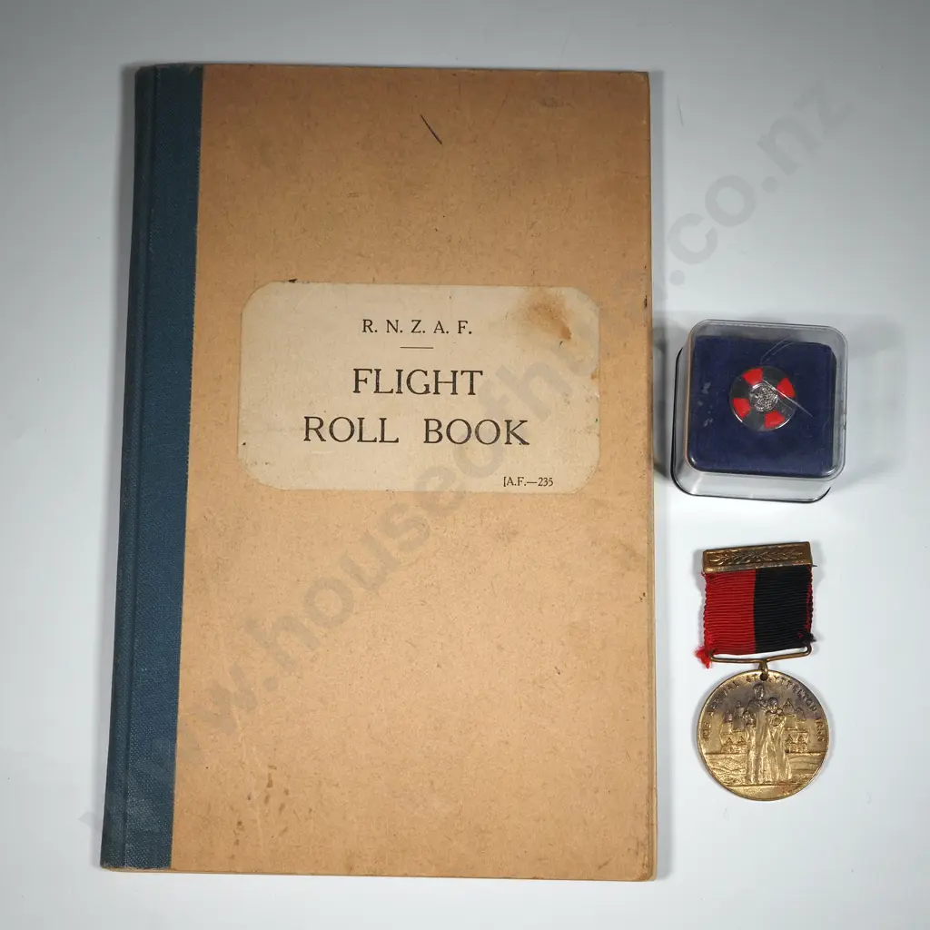 RNZAF Flight Roll Book w Non-Related Annotations; Lapel Pin, Canterbury 1950 Centenary - Arrival at Lyttelton 1850 Medal Image 1++