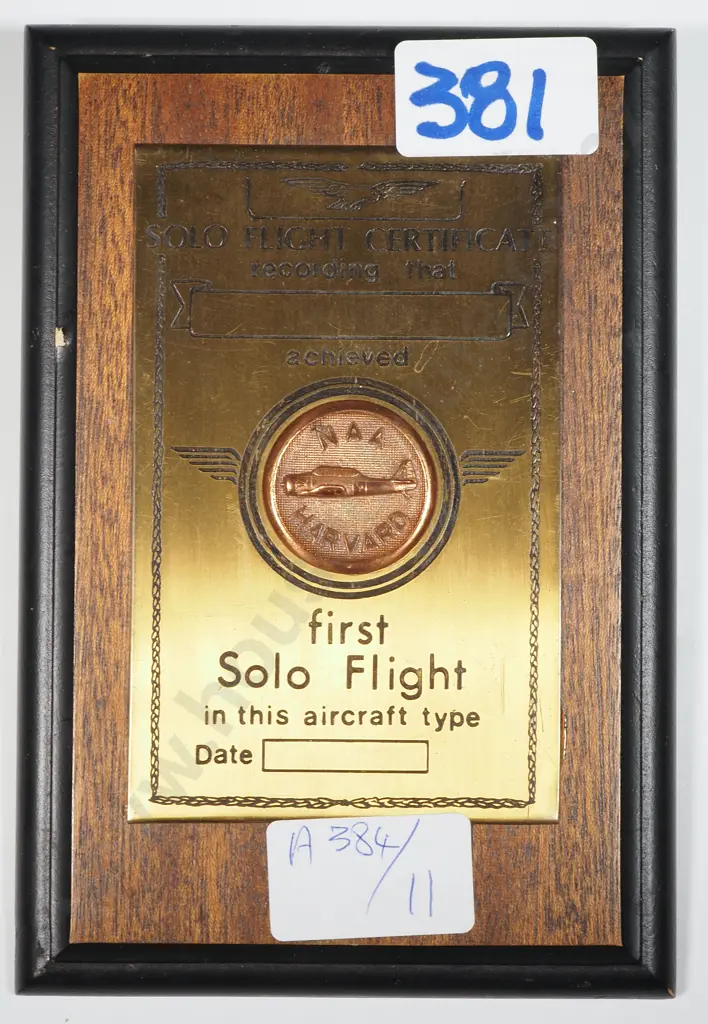 Wall Plaque - Unengraved Solo Flight Certificate - NAA Harvard. Image 1++