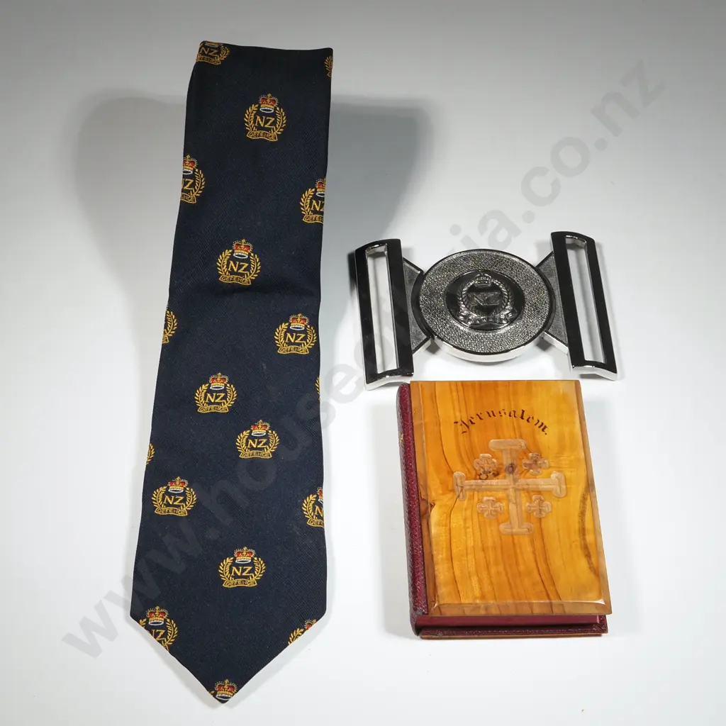 NZDF Tie / 1930's Dated Bible w Wooden Carved Front & NZDF Buckle  Image 1++