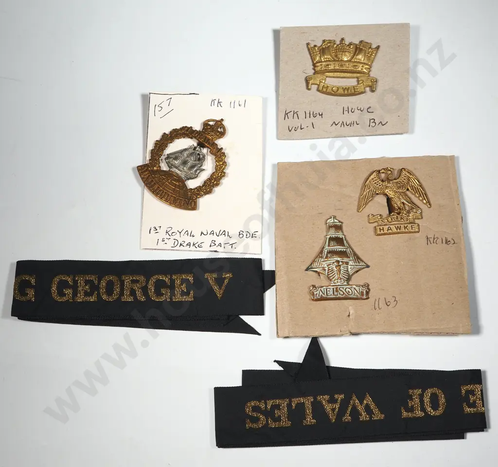 Two Naval Cap Tallies, Four Naval Badges - Hawke, Nelson, Howe, Drake. Image 1++