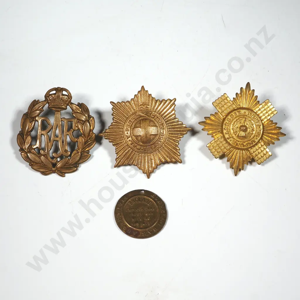 Two British Military Badges, One RAF Badge, & One NZ Patriotic Medallion. Image 1++