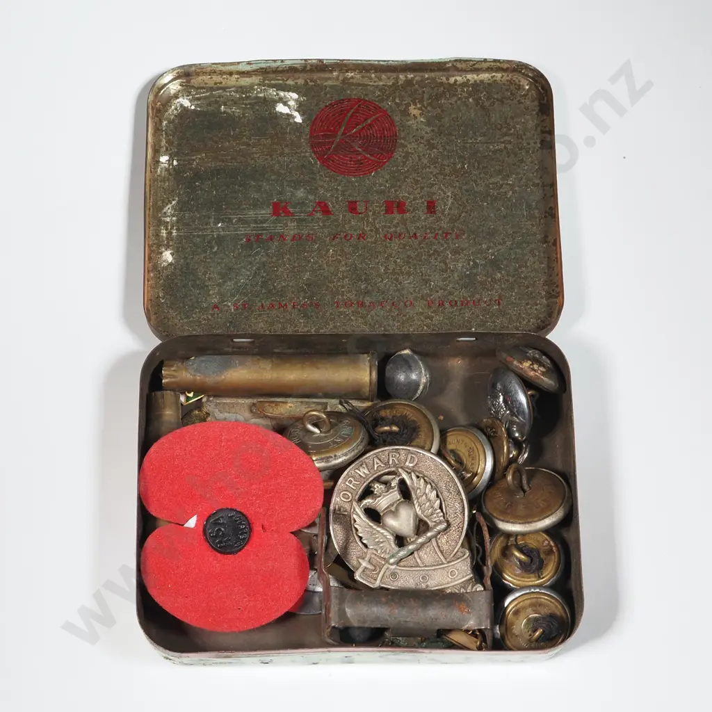 Kauri Tobacco Tin w Miscellaneous Military Objects. Image 1++
