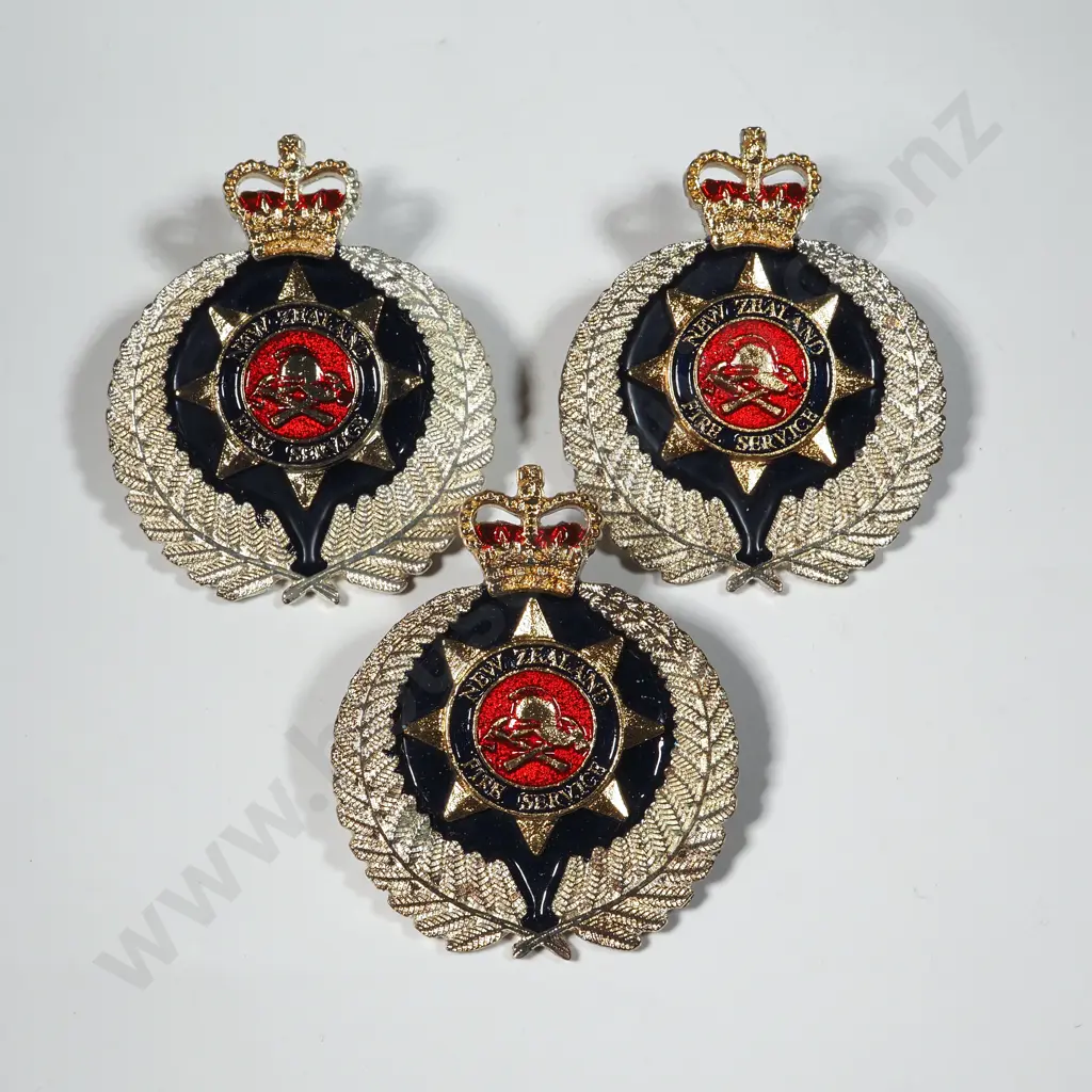Three New Zealand Fire Service Hat Badges w Gold Wash Fern Leaves & Dimpled Back. Image 1++