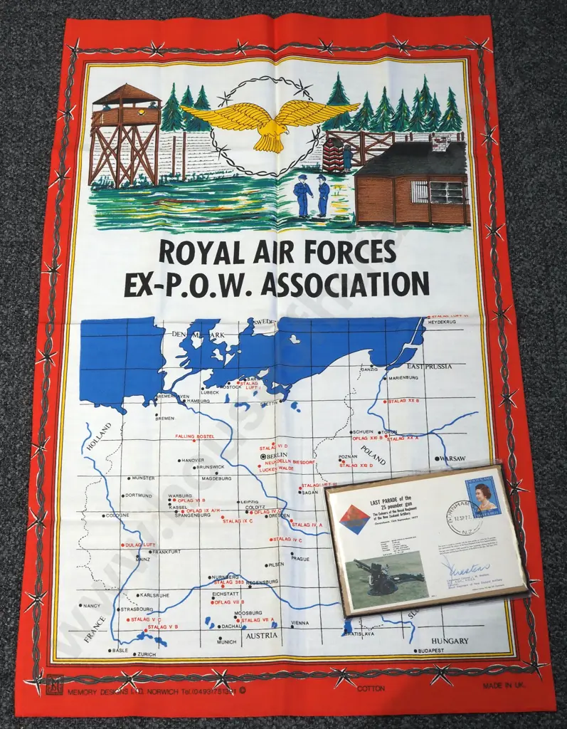 Royal Air Force EX-P.O.W. Association Tea Towel & Stamped Cover of Last Parade Of 25 Pounder Gun. Image 1++