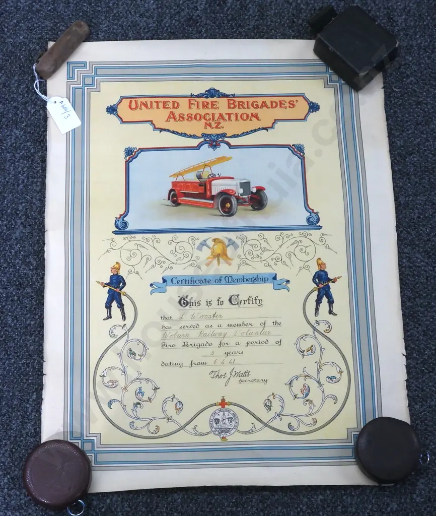1944 United Fire Brigade Association Certificate of Membership. Image 1++