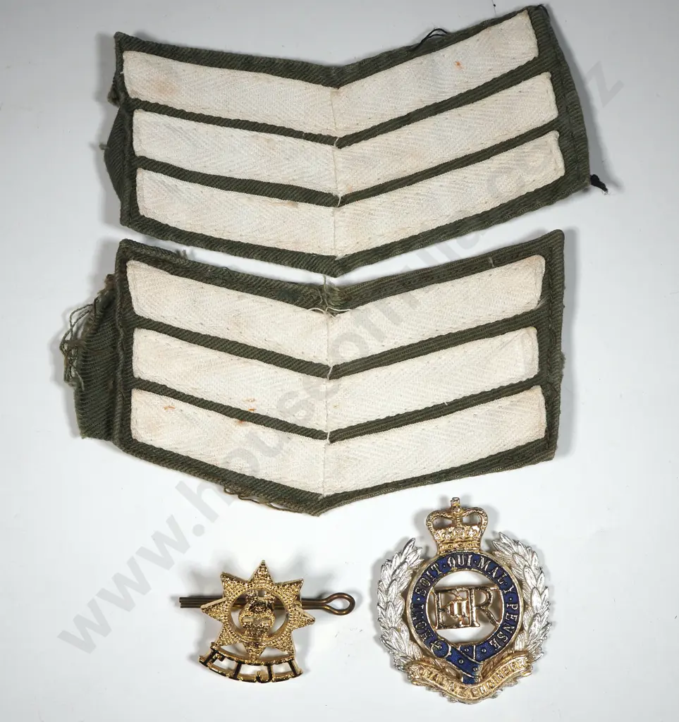 Pair of Sergeant Stripes, Fiji Infantry Collar Badge & NZ Engineers Hat Badge w no Lugs. Image 1++