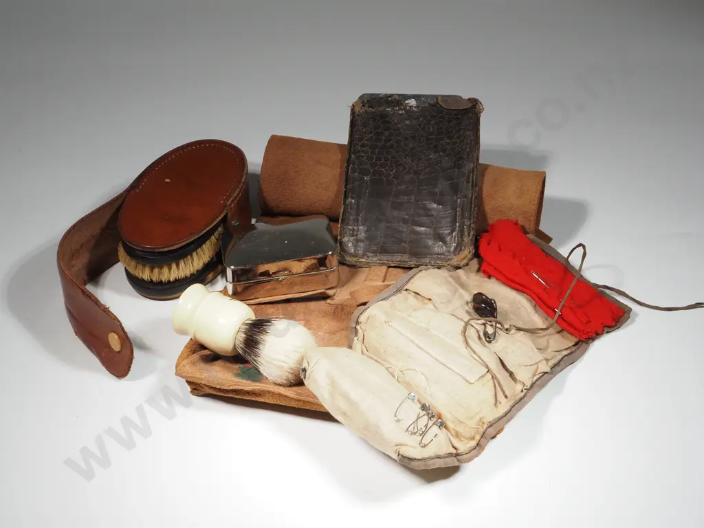 Leather HouseWife, Shaving Brush, Gillette Razor, Chrome MIrror, Pair of Clothes Brushes & Sewing Kit. Image 1++