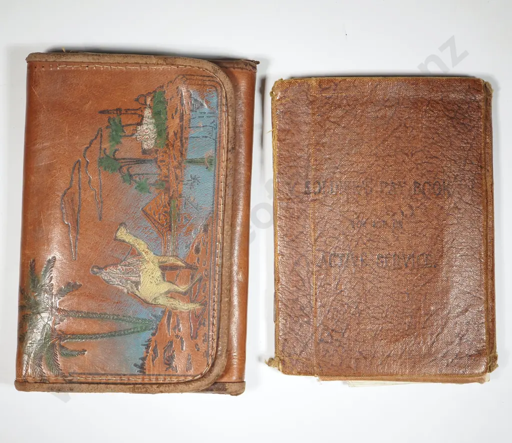 Egyptian Leather Wallet w WWII Paperwork & Dog Tag, & WWII Pay Book w Allied Military Bank Notes. Image 1++