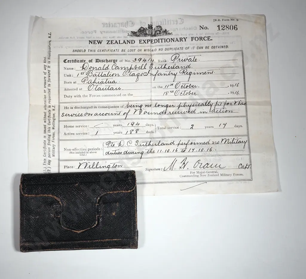 NZEF WWI DIscharge Certificate to Donald Campbell Sutherland & 1914 Diary. Image 1++