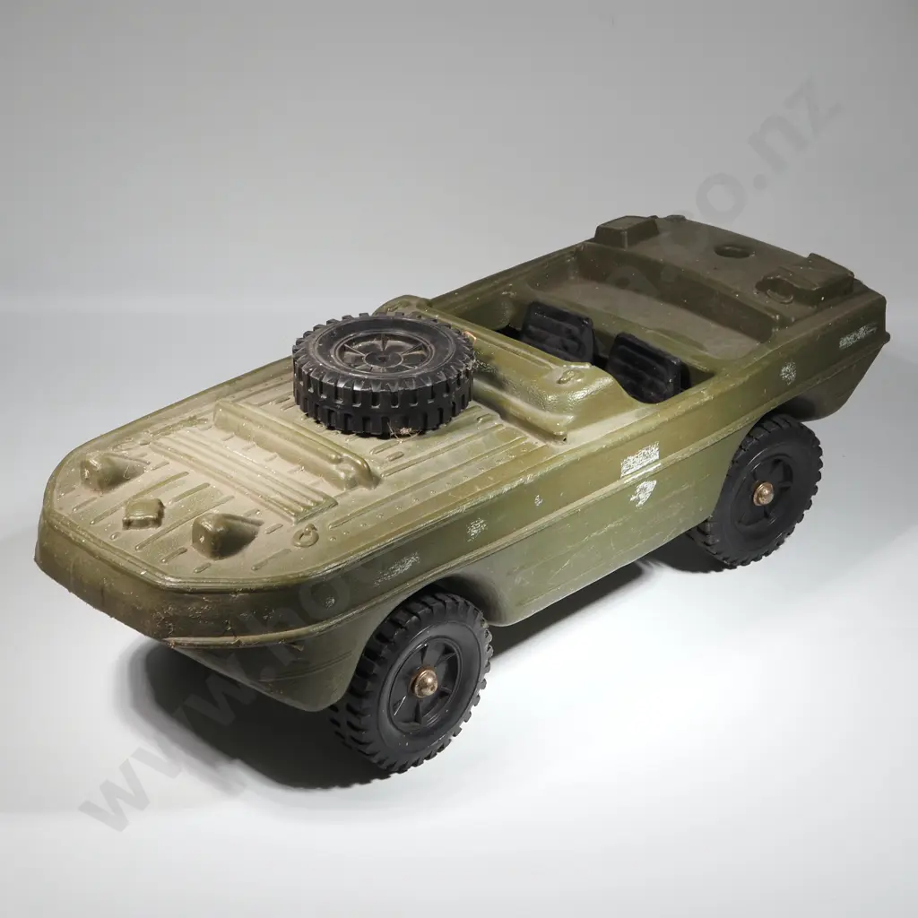 1980's Plastic Four Wheel Military Green Amphibious Vehicle w Spare Wheel  Image 1++