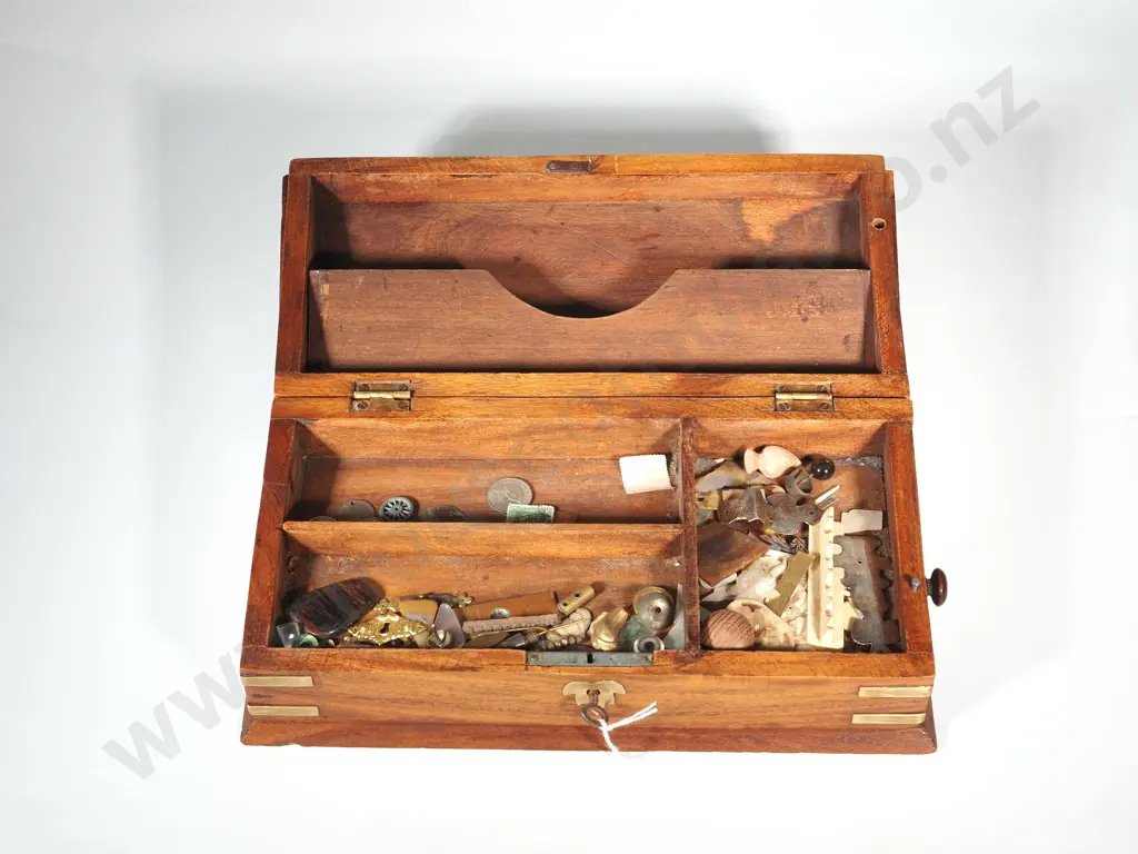 Antique Box With Hinged Sloping Lid & Brass Mounts. Complete with Key & Secret Drawer To Left Of Box Image 1++