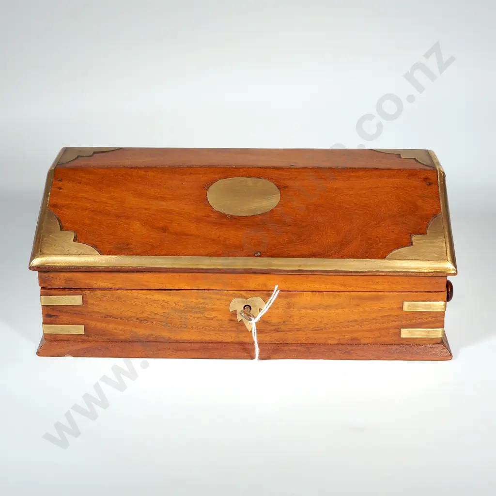 Antique Box With Hinged Sloping Lid & Brass Mounts. Complete with Key & Secret Drawer To Left Of Box Image 1++