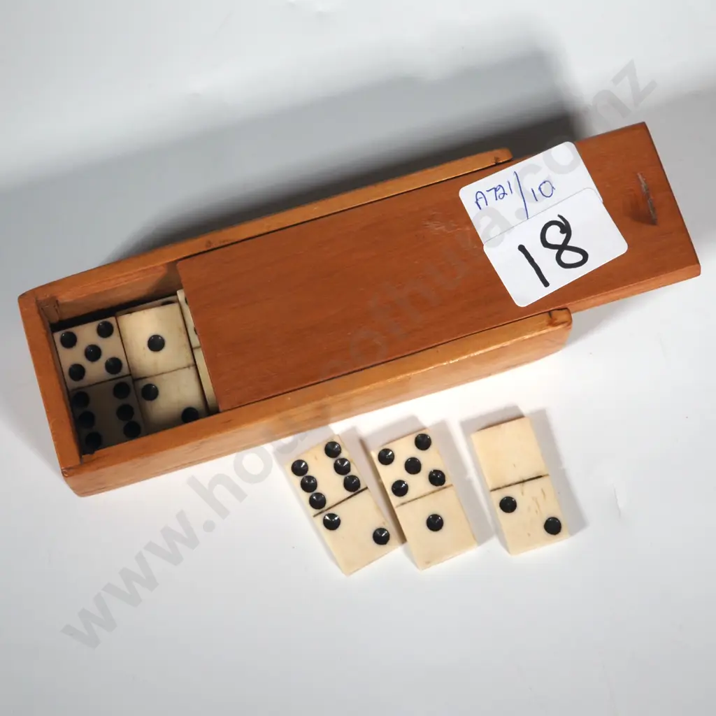 Small Wooden Box Containing Bone & Ivory Dominos Image 1++