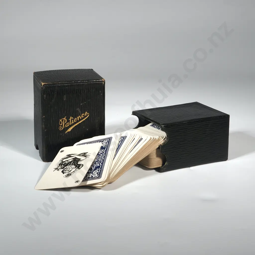 Antique Leather Box With Playing Cards & With The Words "Patience" In Gilt Lettering Image 1++