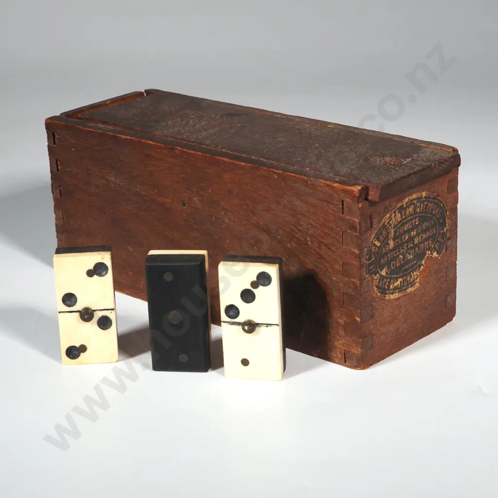 Antique Handmade Bone & Ebony Dominos -In  Original Wooden Oak Box. Image 1++