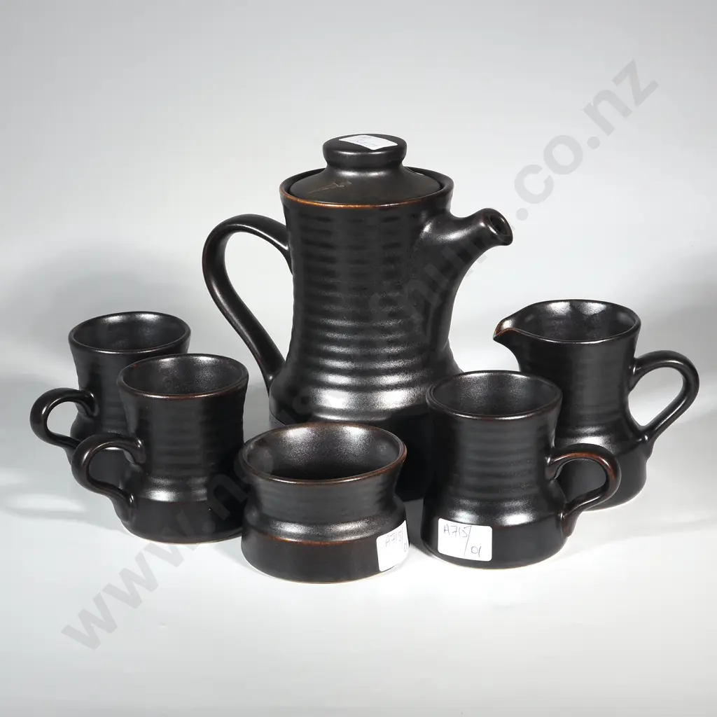 Dark Brown/Black Crown Lynn Pattern 1222 Coffee Set - Coffee Pot w Lid, Milk Jug, Sugar Bowl & Three Cups. Image 1++