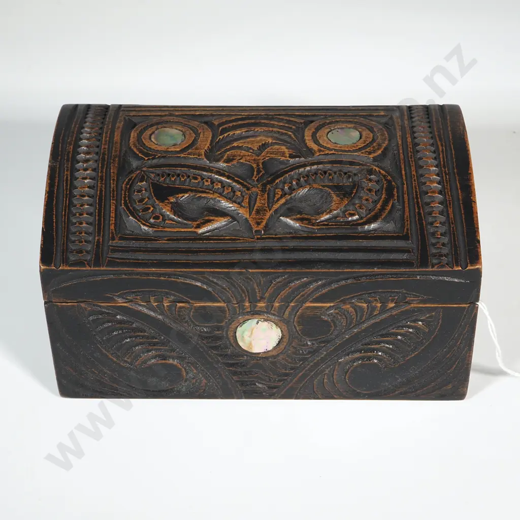 Late 1950s Carved Lidded Trinket Box w Maori/Paua Motif. Image 1++