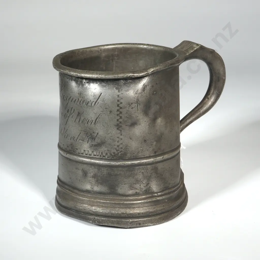 Engraved Pewter Tankard Marked w 'PIN.' Stamped Under The Rim. Image 1++