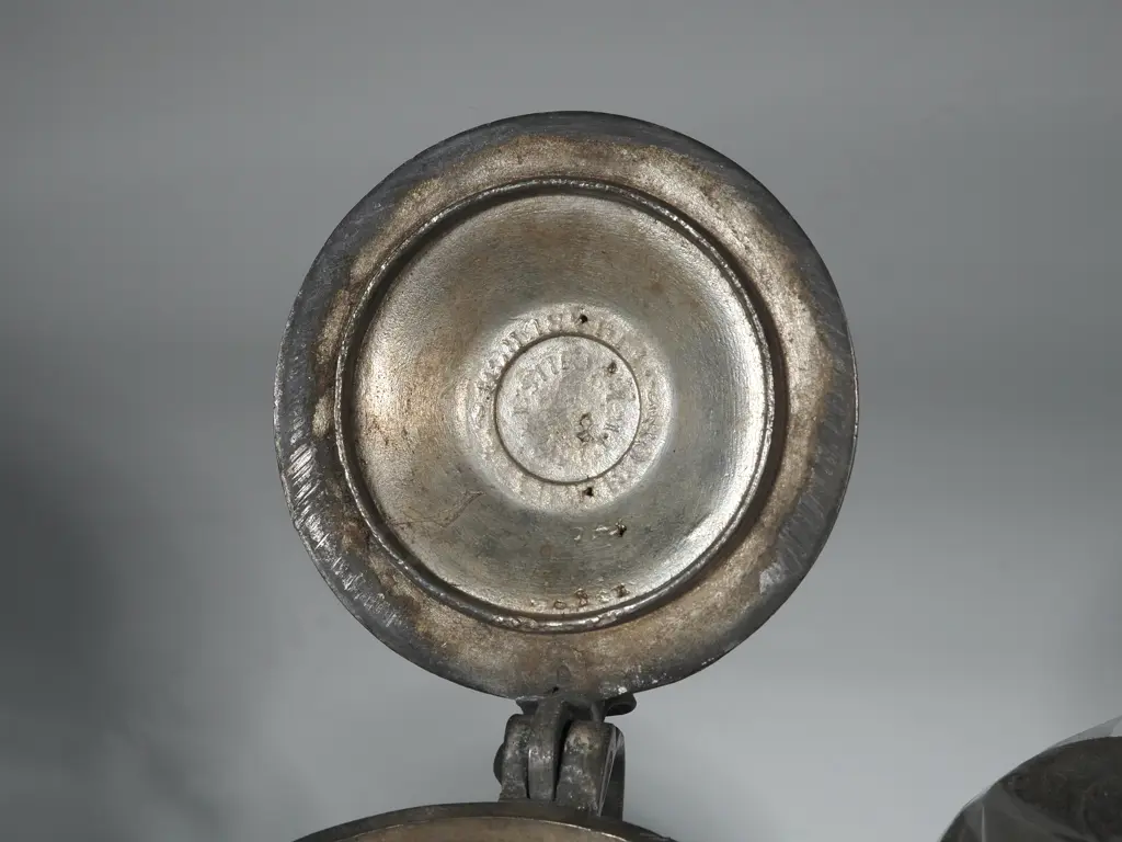 Antique Pewter  Drinking Vessel w Lid  A/F Stamped LT W. R /F   & Various Other Marks incl Crown on Lid. Image 1++
