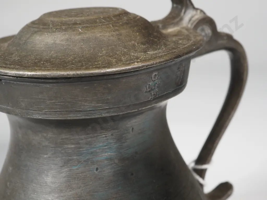 Antique Pewter  Drinking Vessel w Lid  A/F Stamped LT W. R /F   & Various Other Marks incl Crown on Lid. Image 1++