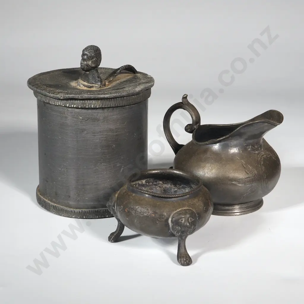 Small Metal Bowl w Three Lion's Head Feet & Pressed Pattern, Pressed Pattern Milk Jug, Weighted Lidded Canister. Image 1++