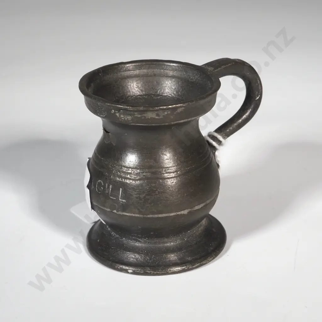 Antique Pewter Drinking Vessel Stamped '1/4 GILL & Various Other Stamps. Image 1++