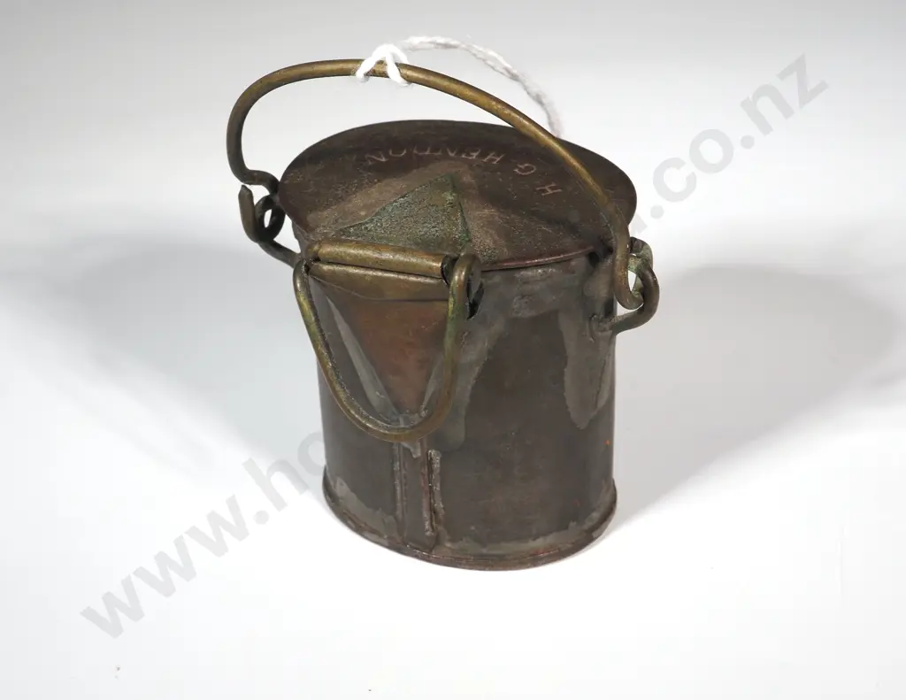 Antique Brass Lidded Canister w Handle. stamped "HGH Higginbotham & Co Makers 13a Arlise St. Image 1++