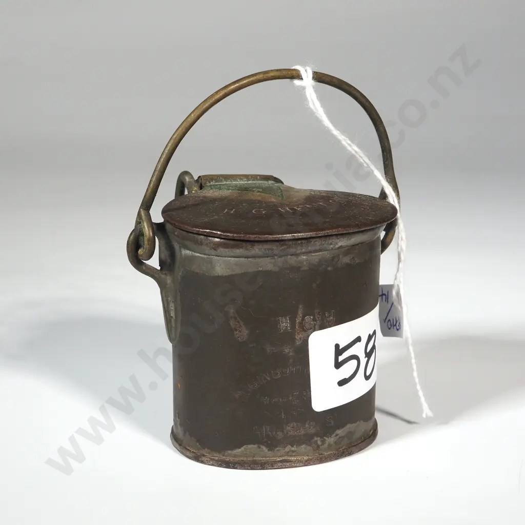 Antique Brass Lidded Canister w Handle. stamped "HGH Higginbotham & Co Makers 13a Arlise St. Image 1++