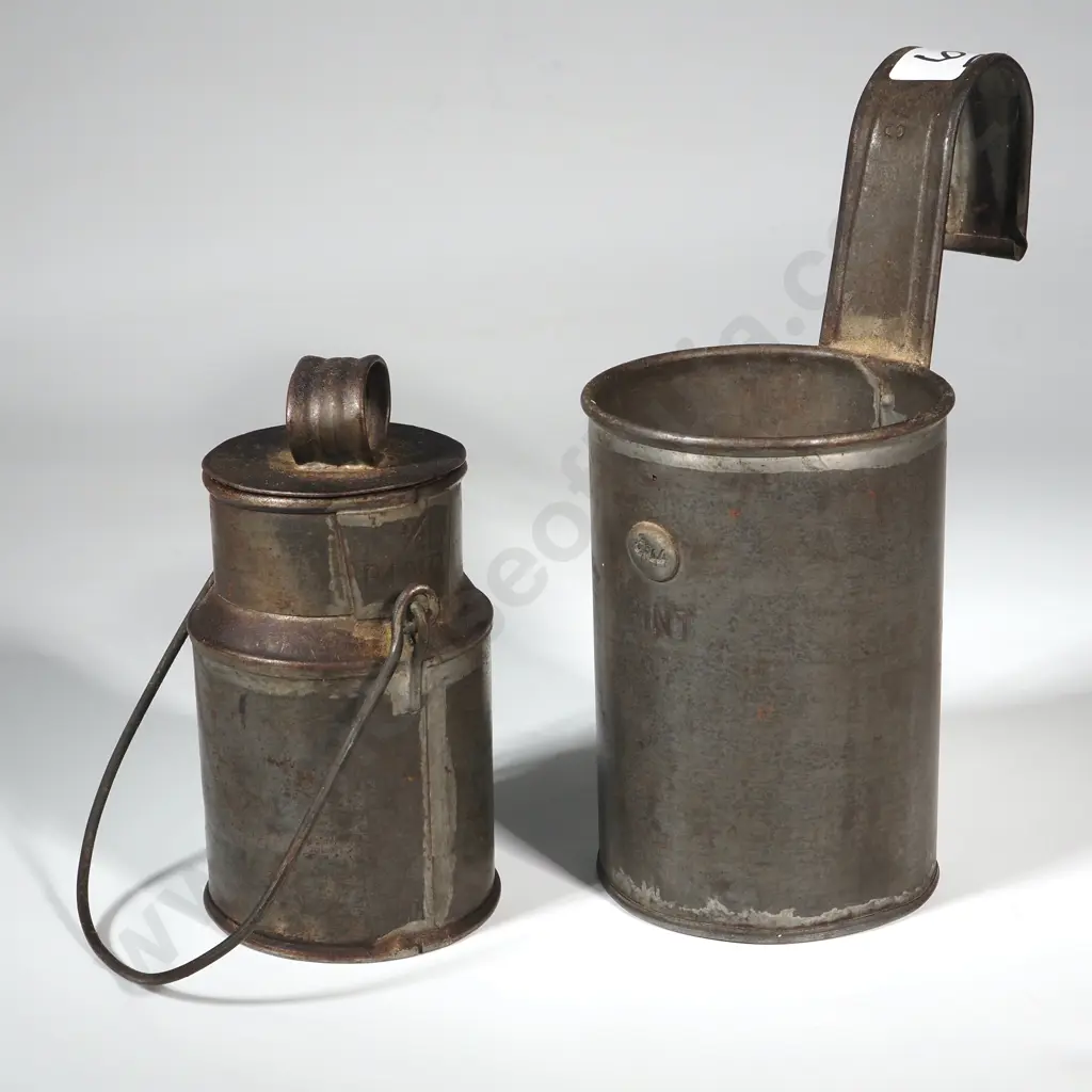 Tin Dairy Measuring Cup Stamped 'Pint CR 7144', & a Stamped 1/2 Pint Tin Milk/Cream Canister. Image 1++
