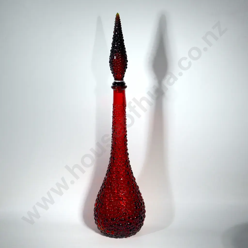 Italian Empoli Art Glass  Red Genie Bottle With Hobnail Design Image 1++