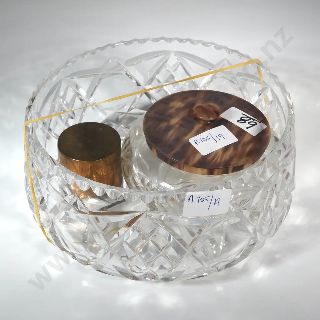 Large Glass Powder Bowl With Bakelite Lid,Cut  Crystal Bowl  & A Small Metal Container Image 1++