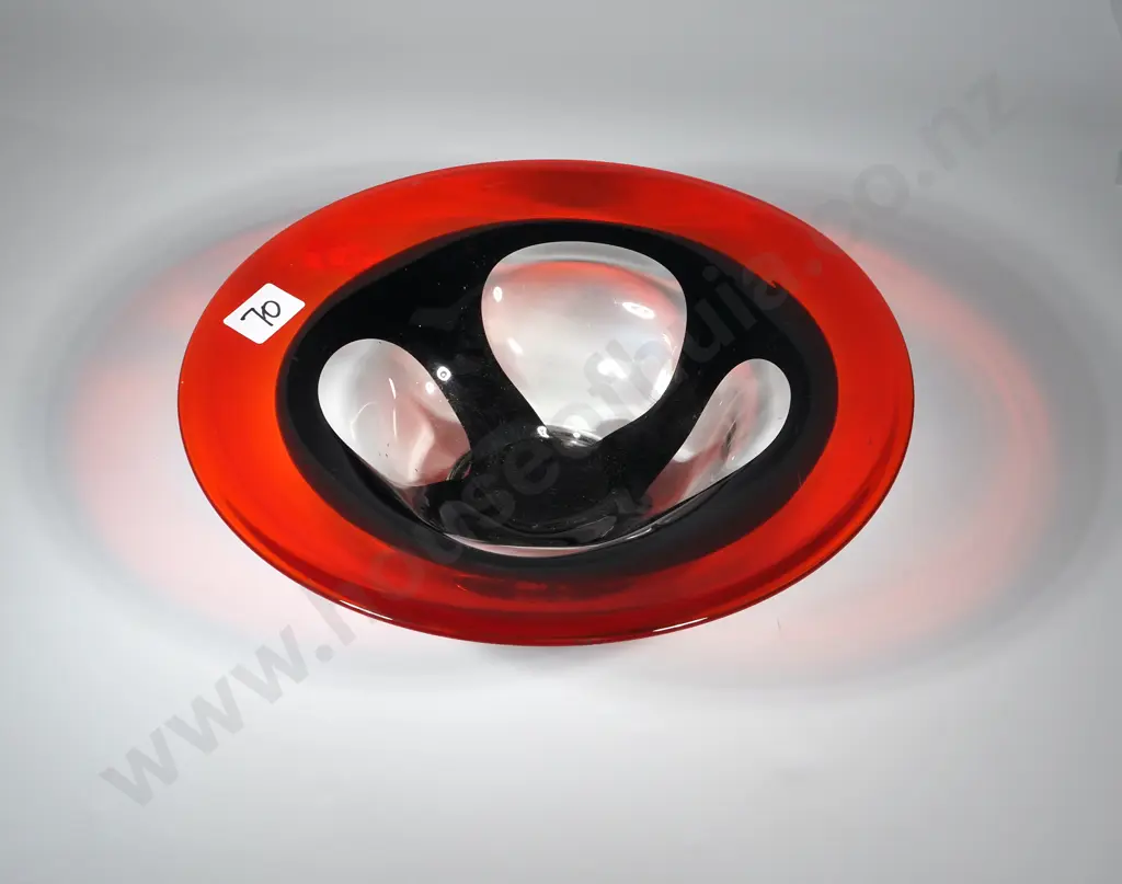 Vintage Art Glass Bowl In The Style Of Murano Art Glass with Distinctive Red & Black Design  Image 1++