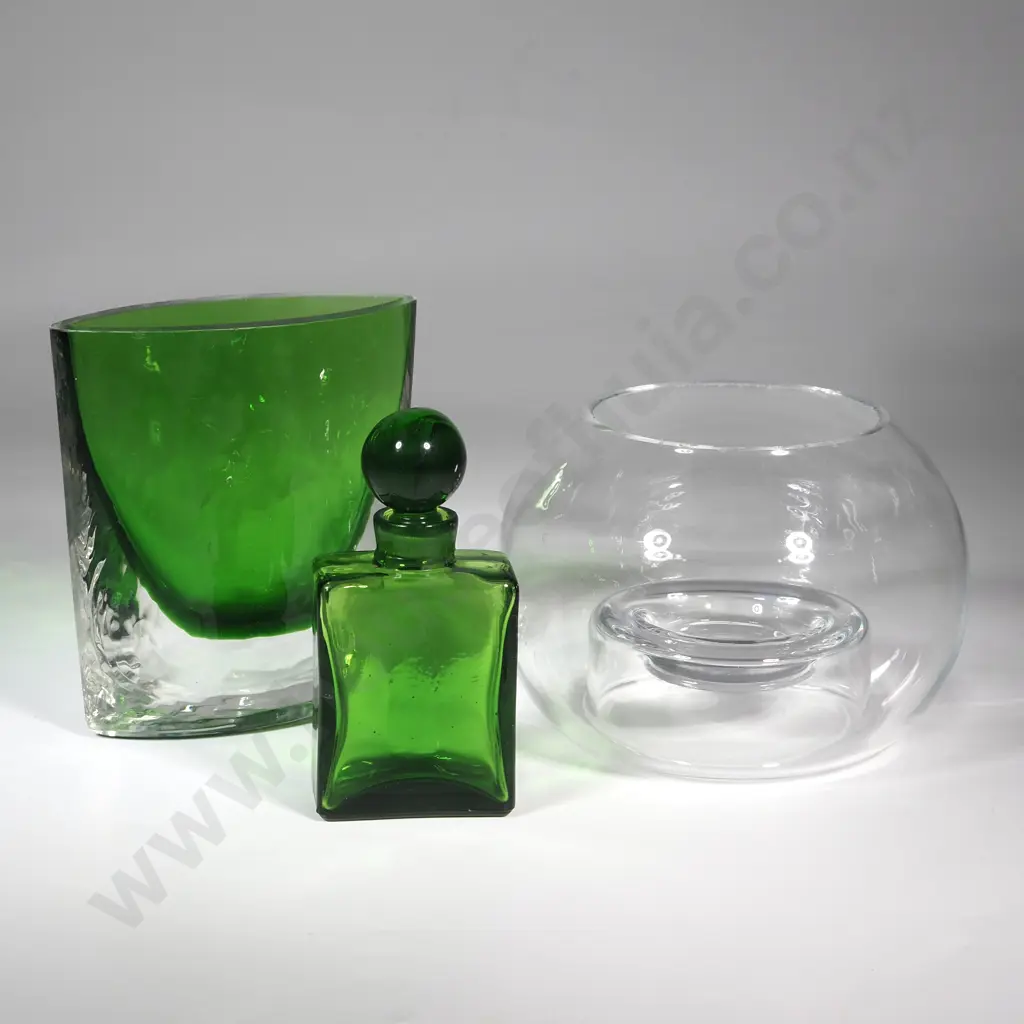 Green Glass Vase, Green Glass Bottle & Clear Glass Vase.  Image 1++
