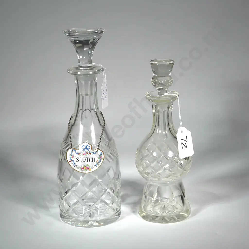 Two Crystal Decanters. The Smaller Thistle Shape with Thistle Stopper. the Larger with China Decanter Label  "Scotch" Image 1++