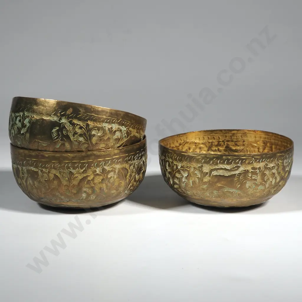 Three  Vintage Indian Ornate Repousse Brass Finger Bowl With Lion, Elephant & Bird Decoration Image 1++