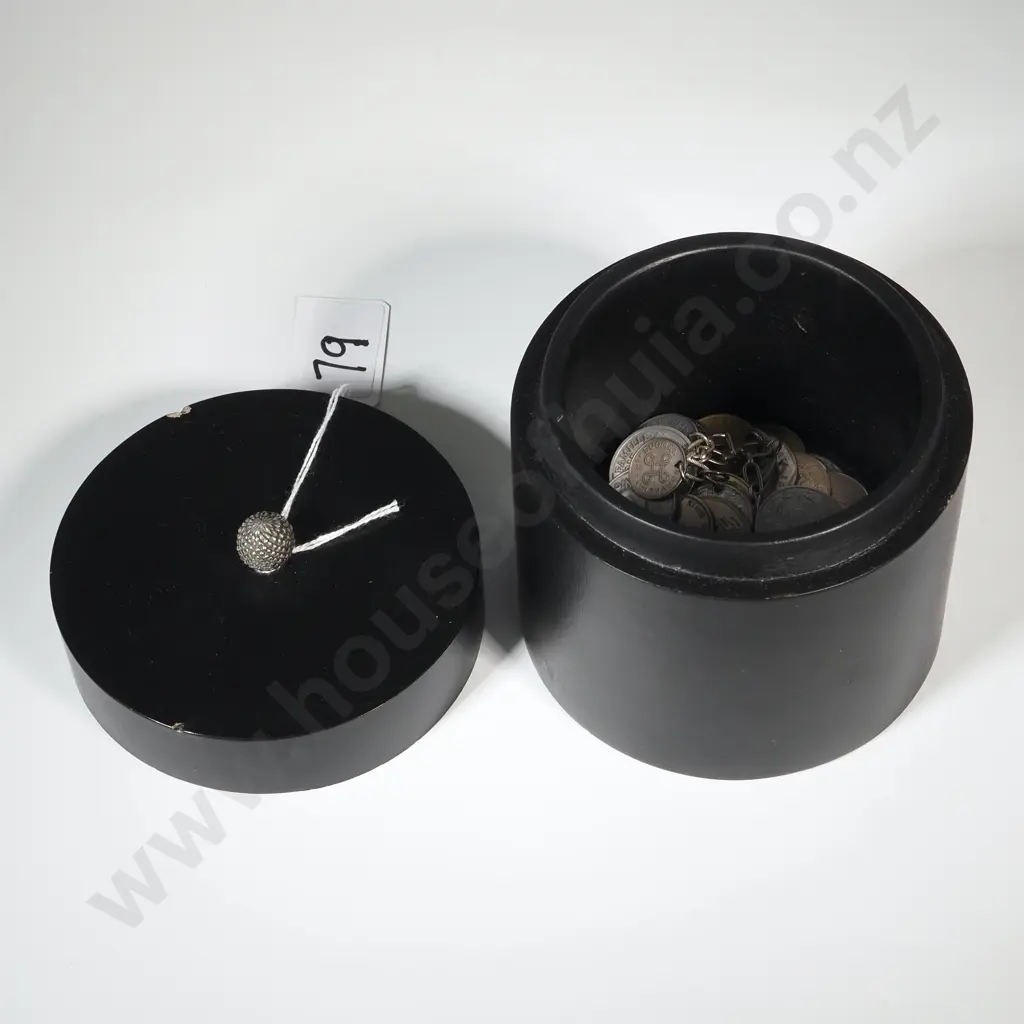 Circular Wooden Container Container & Collection Of Foreign Coins & An International  Coin Bracelet Image 1++