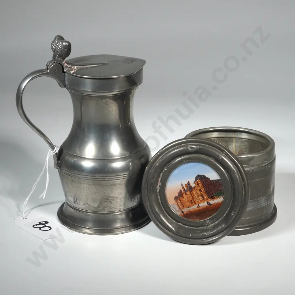 Dutch Pewter Pitcher with Lid. Marked Tollenaar & Co. Dutch Pewter Hgt 135  & A Pewter Cannister w Historical Scene Image 1++