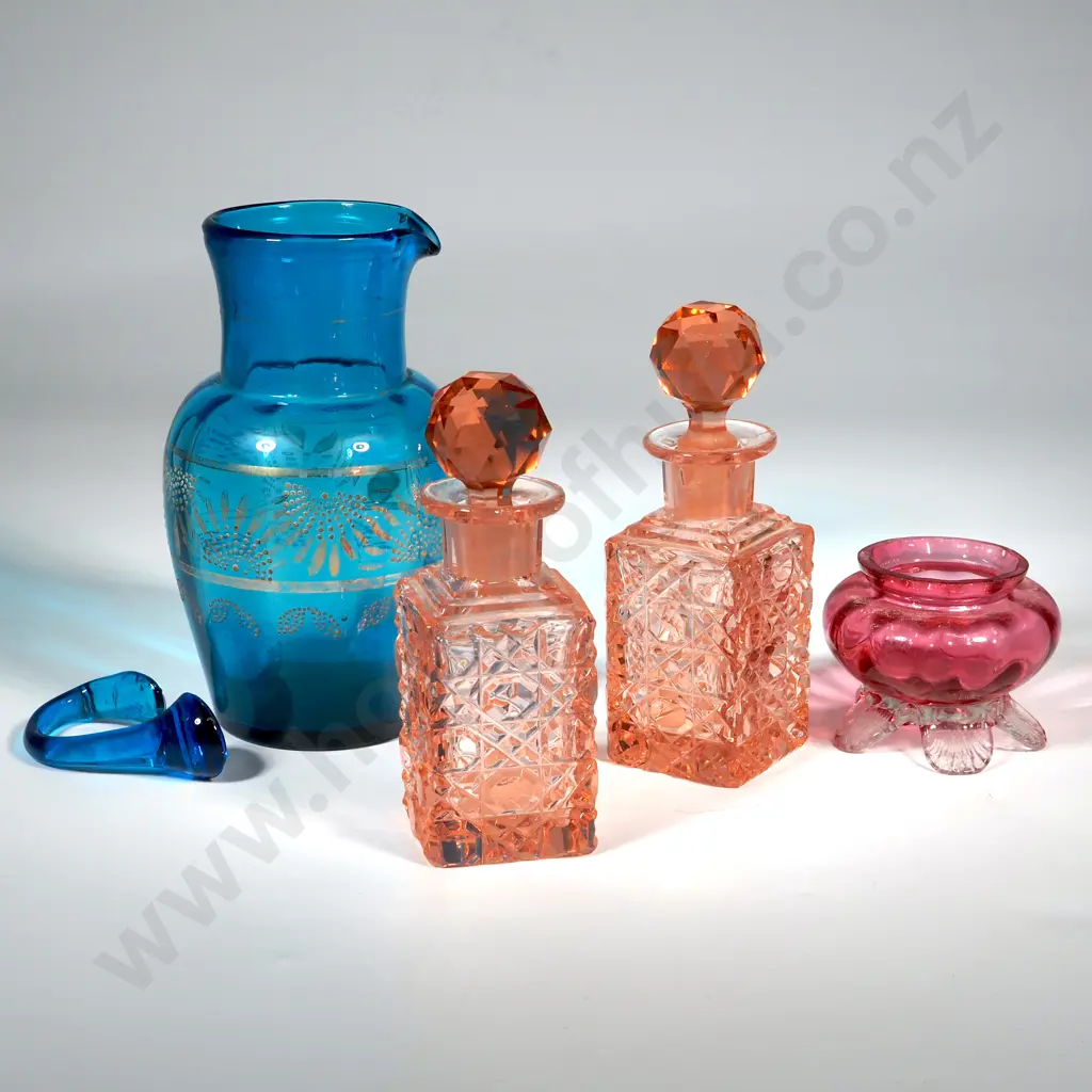 Victorian Turquoise Blue Jug with Enamel &  Gilt Decoration, Two Hobnail Glass Perfume Bottles & A Ruby Glass Salt Dish Image 1++