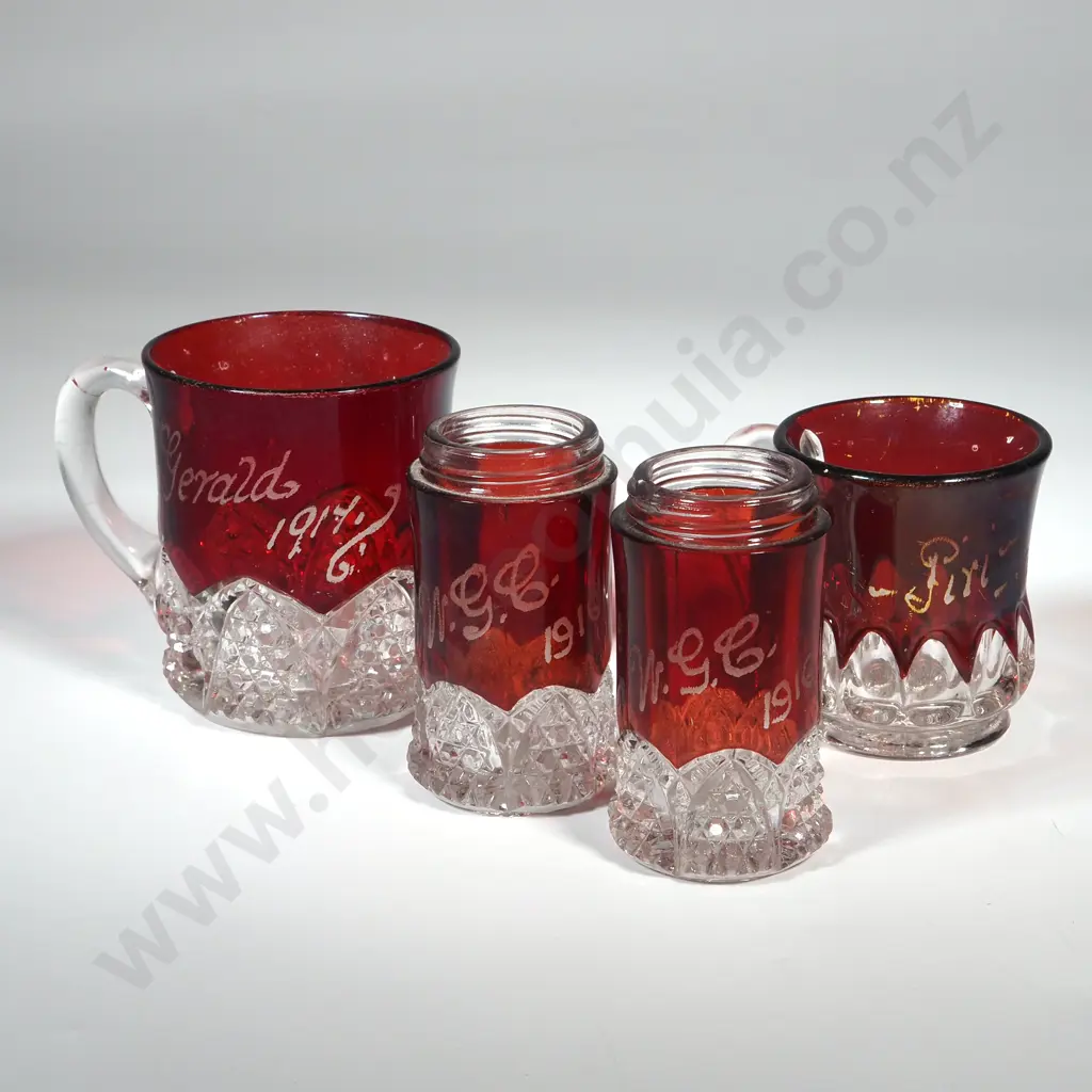 Vintage  NZ Ruby Flash Glass Mug Red and Clear Souvenir Cups & Jar Minus Lid. Mugs Engraved "Gerald" &" Piri" Image 1++
