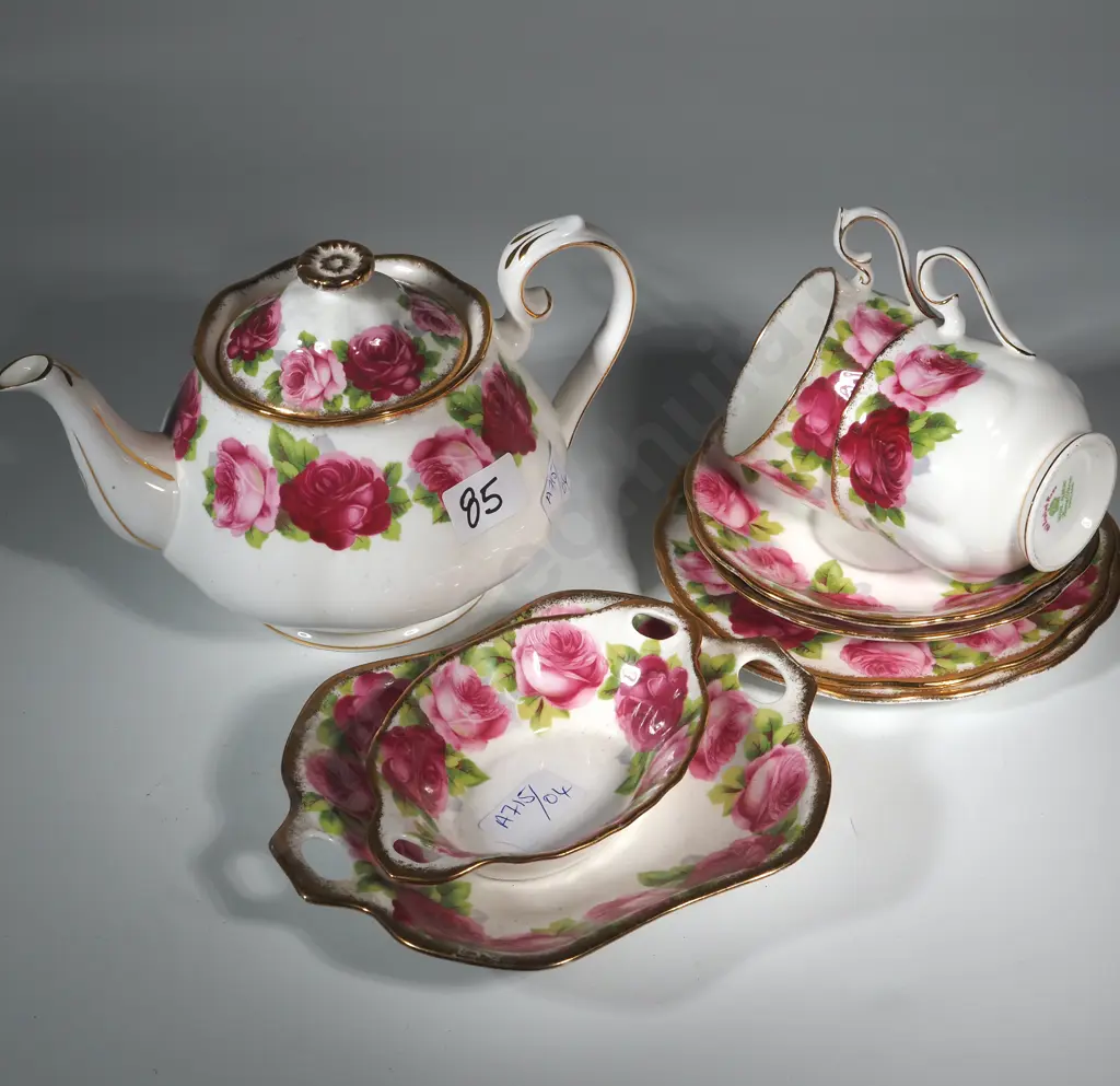 Royal Albert Old English Rose Teapot, Two Trios and Two Candy/Trinket Dishes. Image 1++