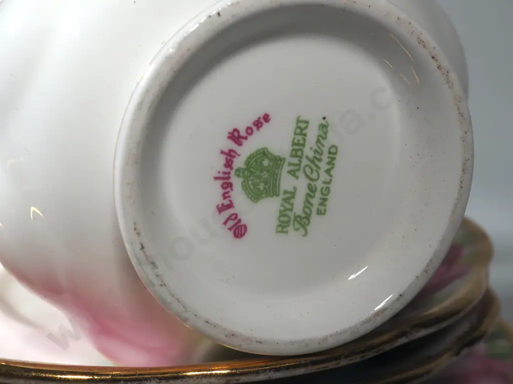 Royal Albert Old English Rose Teapot, Two Trios and Two Candy/Trinket Dishes. Image 1++