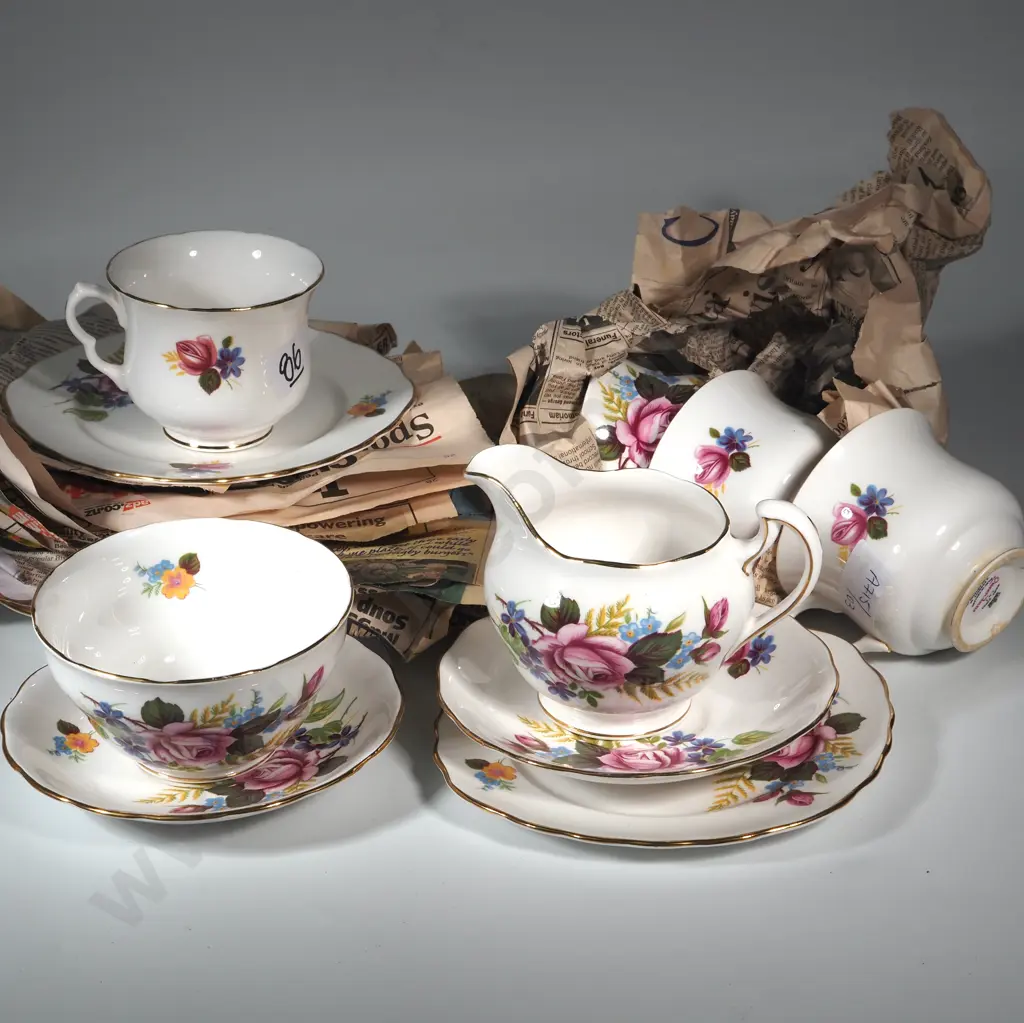 Ridgeway Queen Anne Tea Set - Cake Plate, Six trios, Sugar Basin & Milk Jug. Image 1++