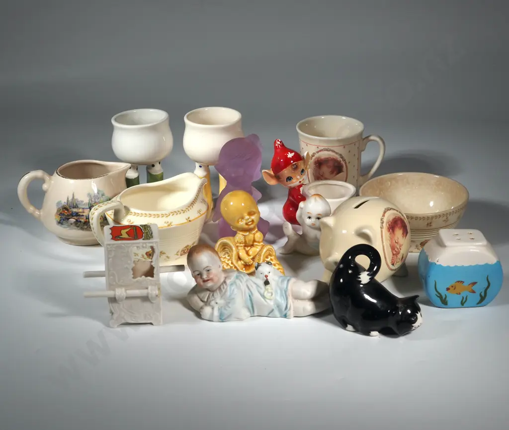 Collection of China To Include a Bisque Figure, Woods Burslem "Sunny Brook" Jug & Sugar Bowl, "Walking" Egg Cups Etc. Image 1++