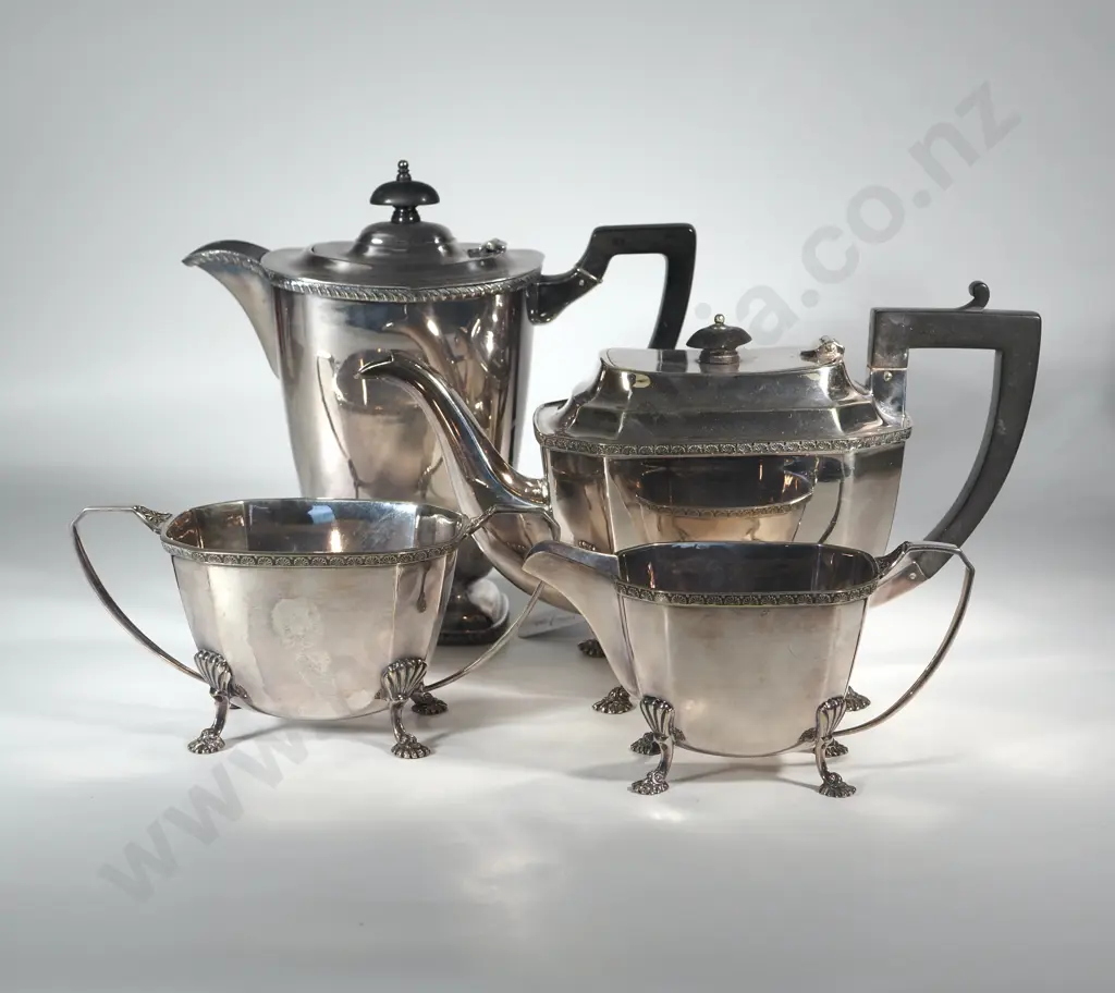 Quality Mappin & Webb Four Piece Silver Plate Tea Set & A Cutlery Box Containing Six EP Forks & Five Bone Handled Knives Image 1++