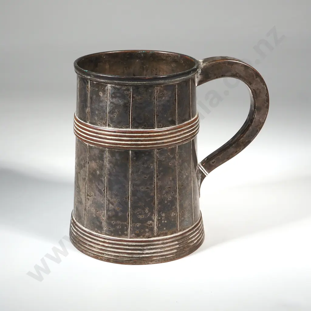 Ribbed Silver Plated One Pint Mug with Glass Base. Glass Base Is Cracked. Image 1++