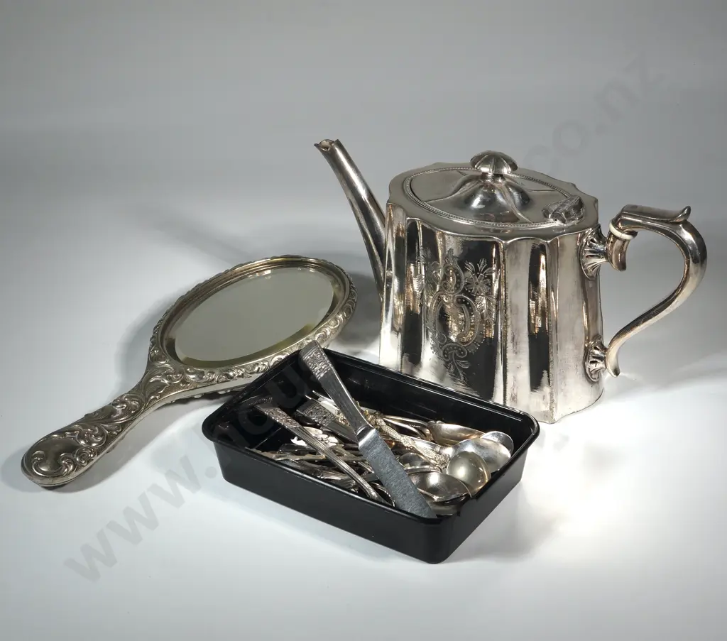 Silver Plate Teapot, Hand Mirror & Quantity Of Cutlery  Image 1++
