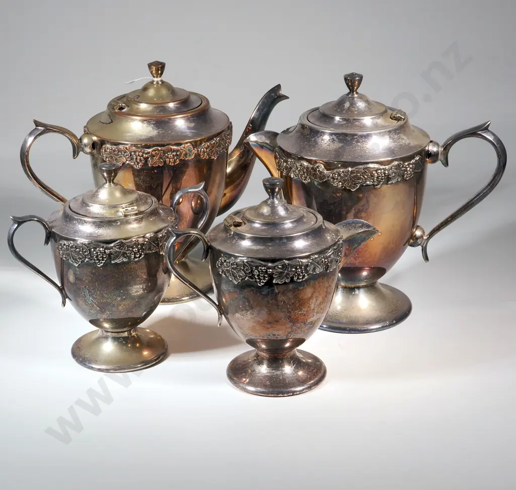 Four Piece Silver Plated "Coronet"  Tea Set  with Applied Grape & Vine Decoration  Image 1++
