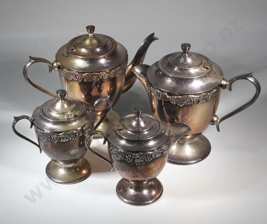 Four Piece Silver Plated "Coronet"  Tea Set  with Applied Grape & Vine Decoration  Image 1++