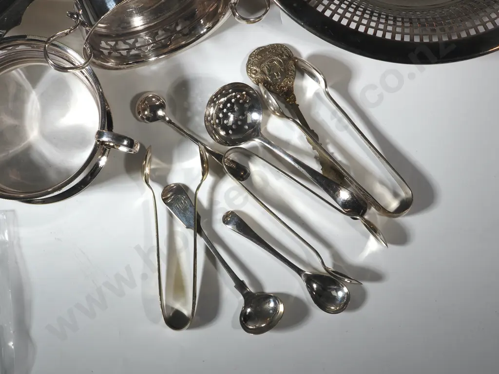 Silver Plate Entree Dish, Pierced Dish & Collection Of Small Flatware Items, Sugar Tongs, Mustard Spoon  & Image 1++